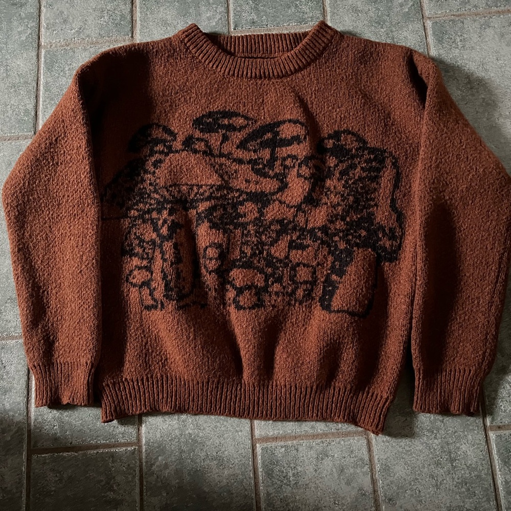 Brown Knit Sweater with Black Mushroom Graphic